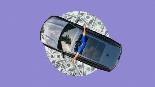  An overhead view of a car, with a person inside, set against a background of dollar bills, symbolizing the financial implications of owning a vehicle.
