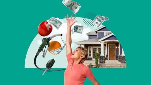 A person reaching for flying dollar bills, surrounded by symbols of major expenses like housing, food, and gas, representing the financial strain of everyday life.