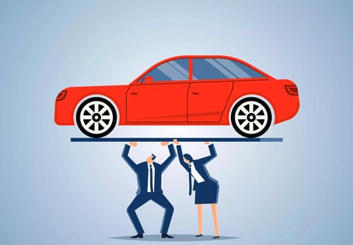 A man and woman in business suits struggling to lift a red car, symbolizing the heavy burden of car ownership costs.