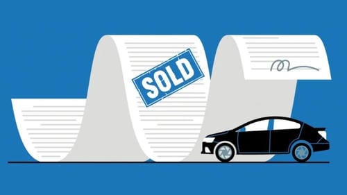 A black car next to a long stack of paperwork marked “SOLD,” representing the lengthy process of buying or selling a vehicle.