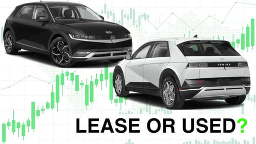 A graphic comparing leasing vs. buying a used car, featuring a black and a white Hyundai Ioniq 5 against a background of financial charts.