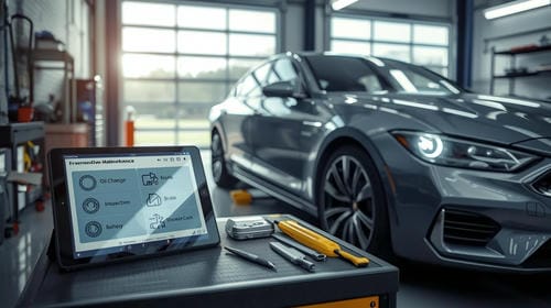 A tablet displaying a car maintenance app sits on a workbench in an auto repair shop, with a modern sedan in the background.