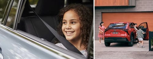 A split image showing a smiling girl in a car seat on the left, and a family with a red Toyota SUV at home on the right.