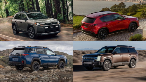 A collage of four different SUVs in various colors and settings, including off-road and city environments.