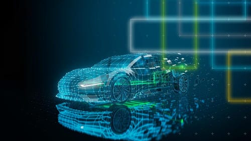 A wireframe 3D model of a car, symbolizing automotive design, AI, or digital twin technology.