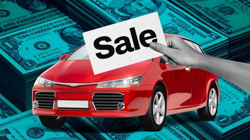 A red car with a "Sale" sign, set against a background of US dollar bills, representing car sales and financing.
