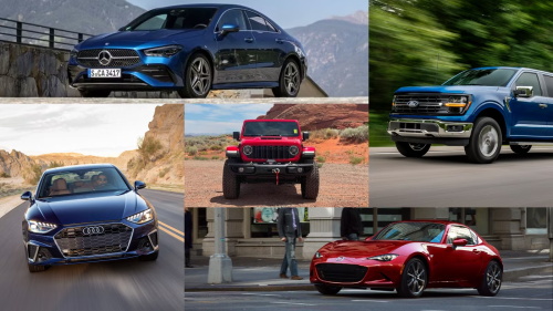A montage of five different vehicles: a blue Mercedes-Benz sedan, a blue Ford truck, a blue Audi sedan, a red Jeep off-roader, and a red Mazda Miata sports car.