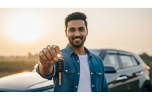 A smiling man holding up his new car keys in front of his vehicle at sunset.