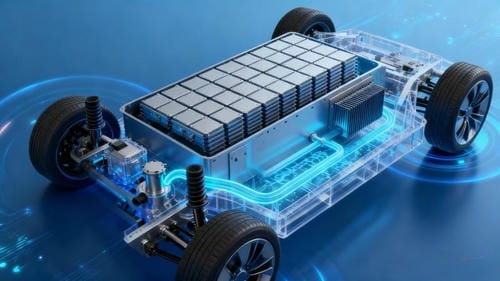 A transparent view of an electric vehicle platform, emphasizing the battery pack and liquid cooling system.