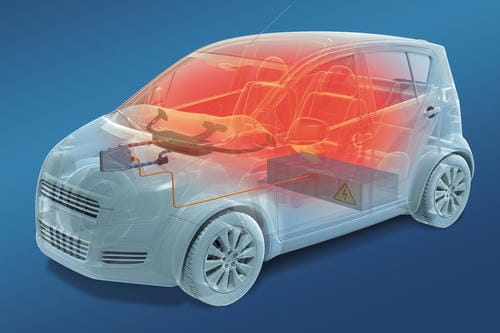 A thermal diagram of an electric car highlighting heat distribution and the battery system.