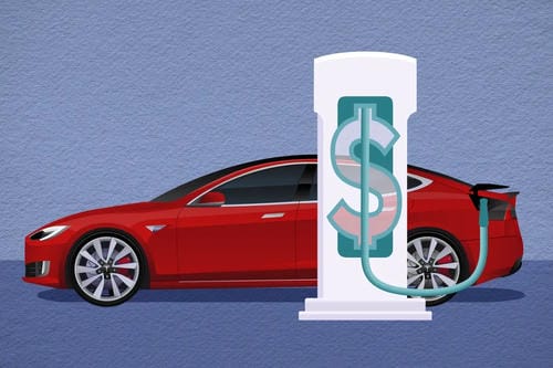 A red electric car connected to a charging station shaped like a dollar sign, representing the financial costs associated with owning an EV.