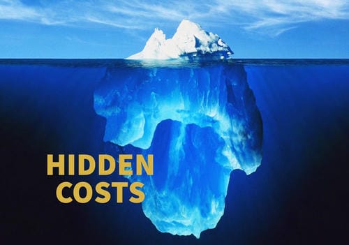 An iceberg graphic labeled "HIDDEN COSTS," where the small visible part above water represents upfront car costs, while the large submerged portion symbolizes hidden expenses like maintenance, insurance, and fuel.