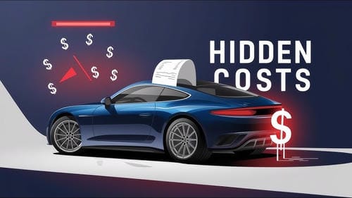A blue sports car with dollar signs, a receipt, and the text "HIDDEN COSTS," highlighting unexpected ongoing expenses for vehicle owners.