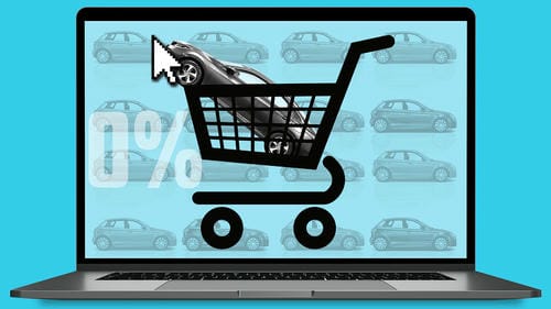 A laptop screen showing a car inside a shopping cart icon, representing the idea of buying a car online, with a "0%" financing offer implied.